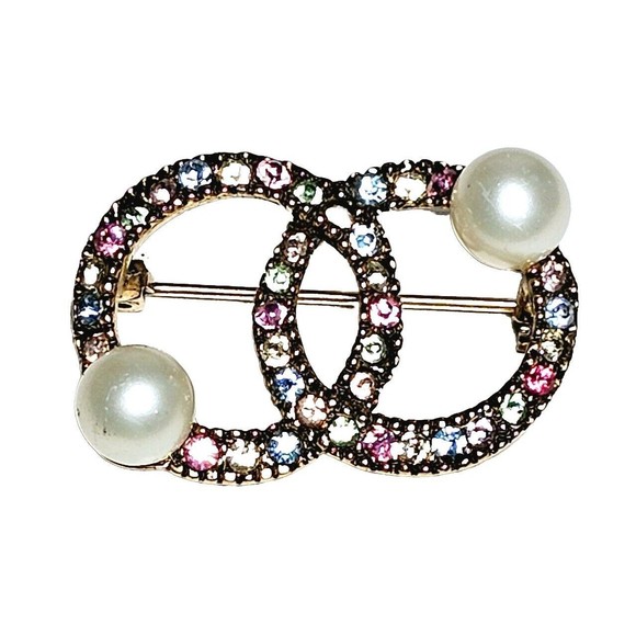 Vintage Interlocking Circle Brooch Faux Pearls &  Crystals Gold Tone Valentine! - Picture 5 of 5